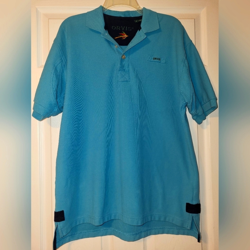 Orvis‎ Men's Aqua Blue Polo Shirt Size Medium 100% Cotton Heavyweight